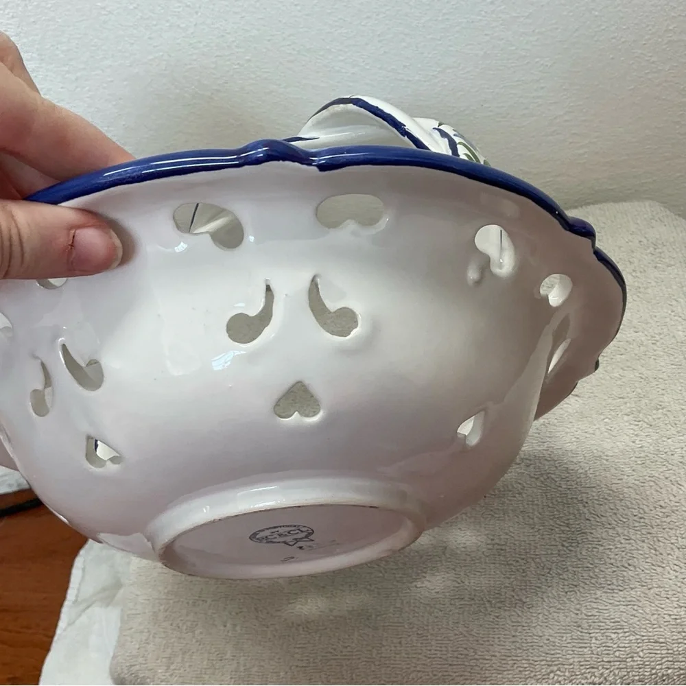 Vintage RCNCL White Porcelain Basket With Blue Trim And Floral Detail Braided